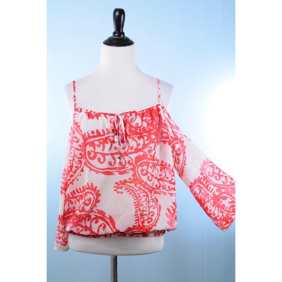 RAMPAGE red white cold shoulder blouse LARGE - Picture 4 of 7